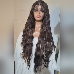 Long Wavy Lace Front Wig - Brown Human Hair Blend Wig. 29 Inches
